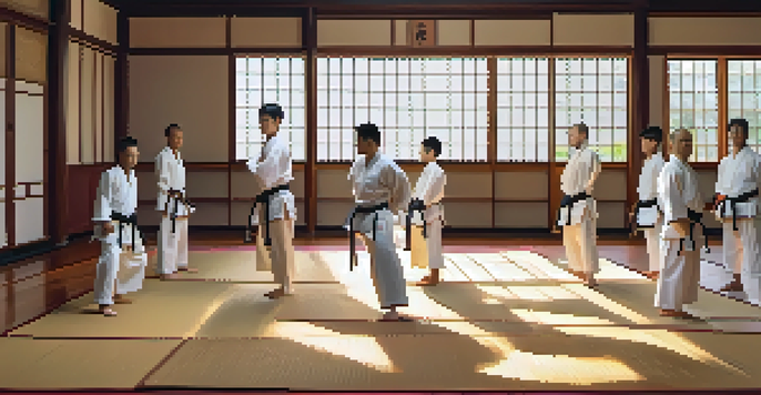 A peaceful martial arts dojo with practitioners in white uniforms focusing on their training, surrounded by warm sunlight and wooden decor.