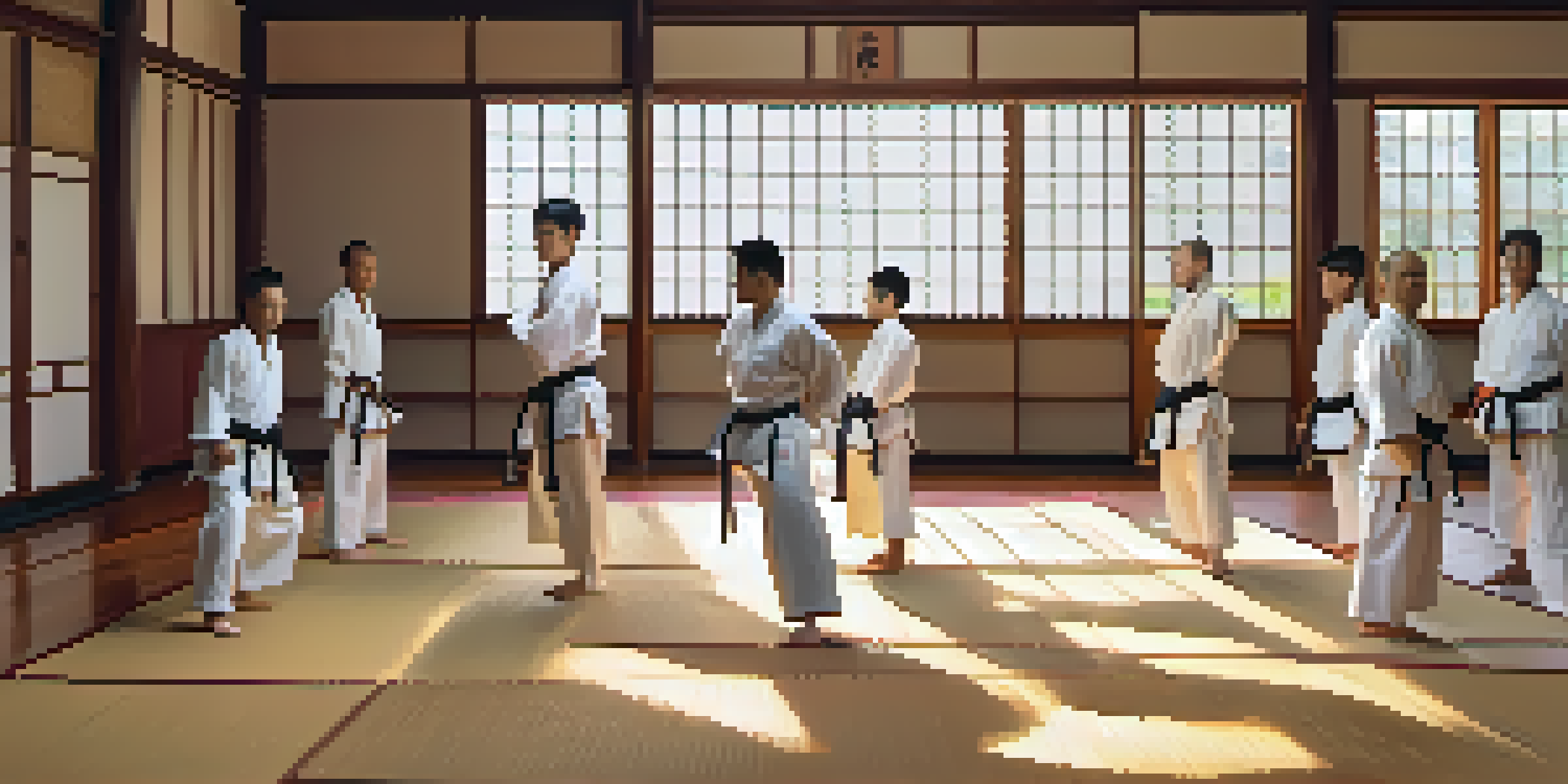 A peaceful martial arts dojo with practitioners in white uniforms focusing on their training, surrounded by warm sunlight and wooden decor.
