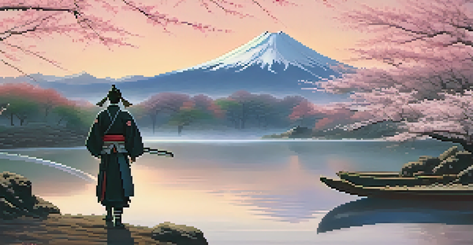 A peaceful Japanese village at sunrise with cherry blossoms, a river, and a Samurai in traditional armor.