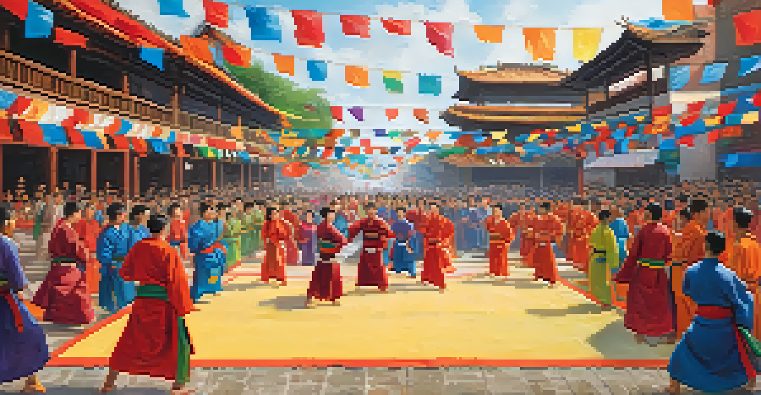 A lively cultural celebration in a martial arts community, showcasing practitioners and colorful decorations.