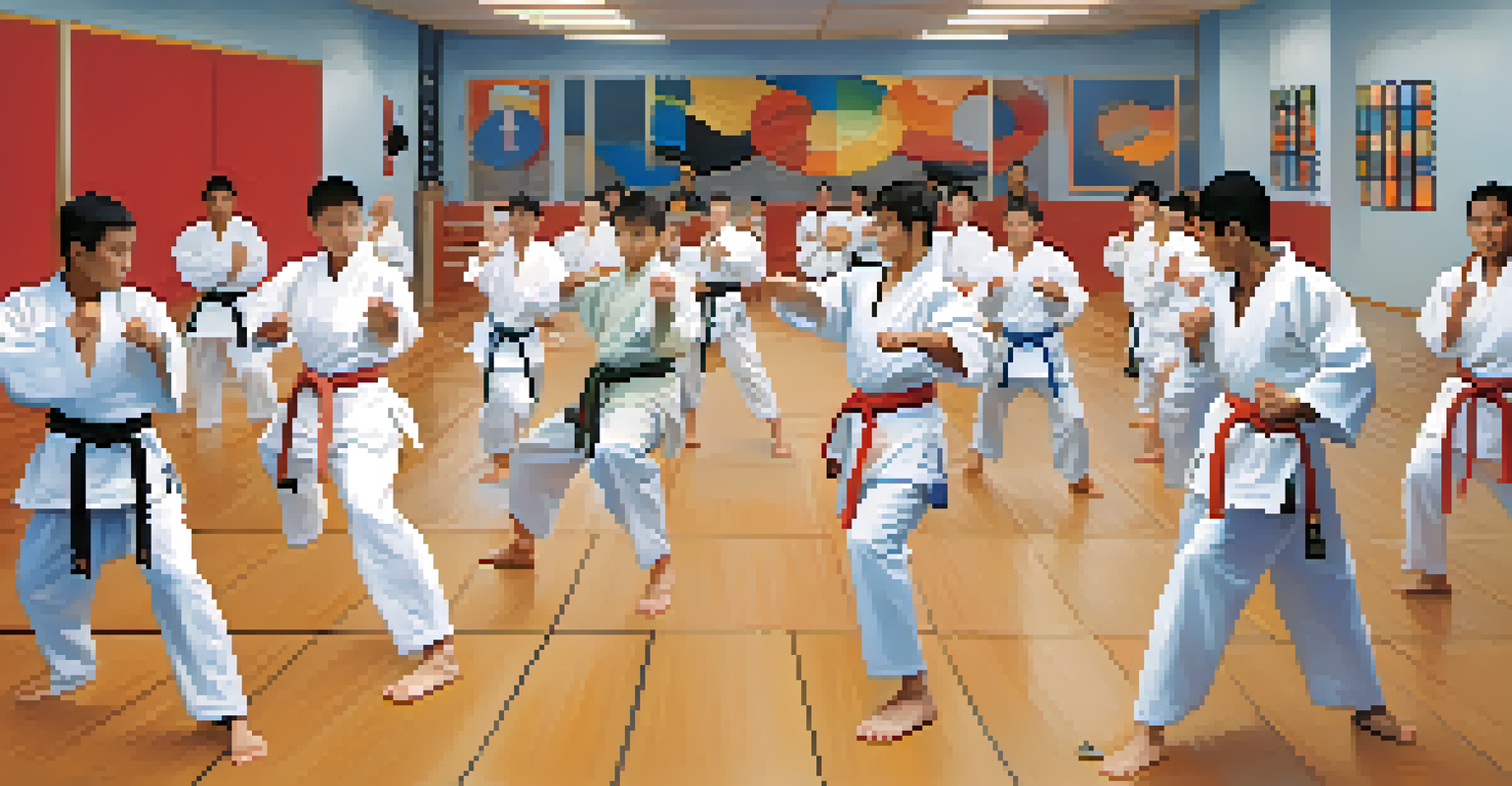 A diverse group of martial arts students practicing Karate in a bright training facility, engaged in synchronized movements.