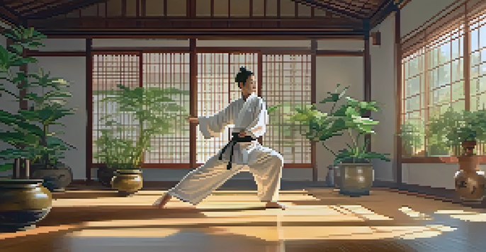 A peaceful martial arts dojo with a practitioner performing Tai Chi, surrounded by plants.