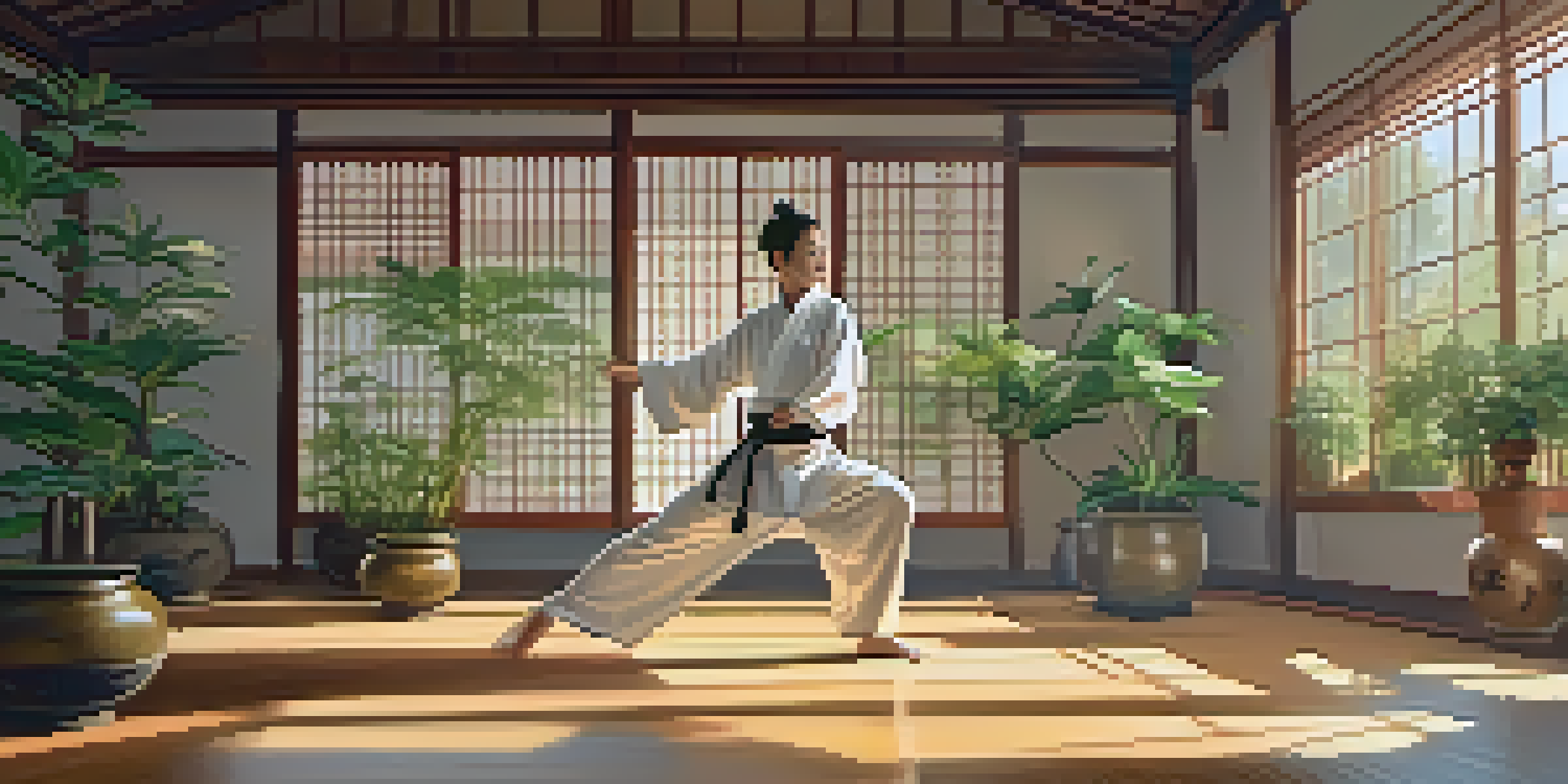 A peaceful martial arts dojo with a practitioner performing Tai Chi, surrounded by plants.