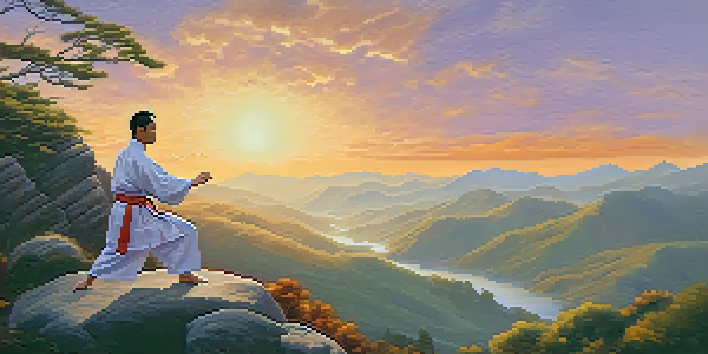 A martial artist practicing Tai Chi on a mountain during sunset, surrounded by nature.