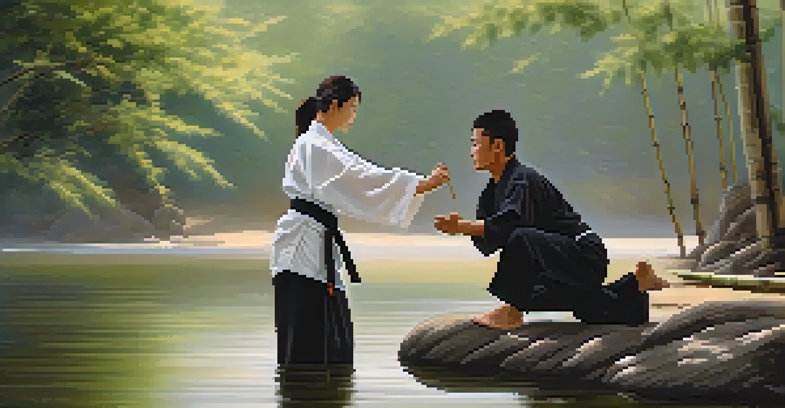A martial arts instructor teaching a breathing technique to a student in a tranquil outdoor setting.