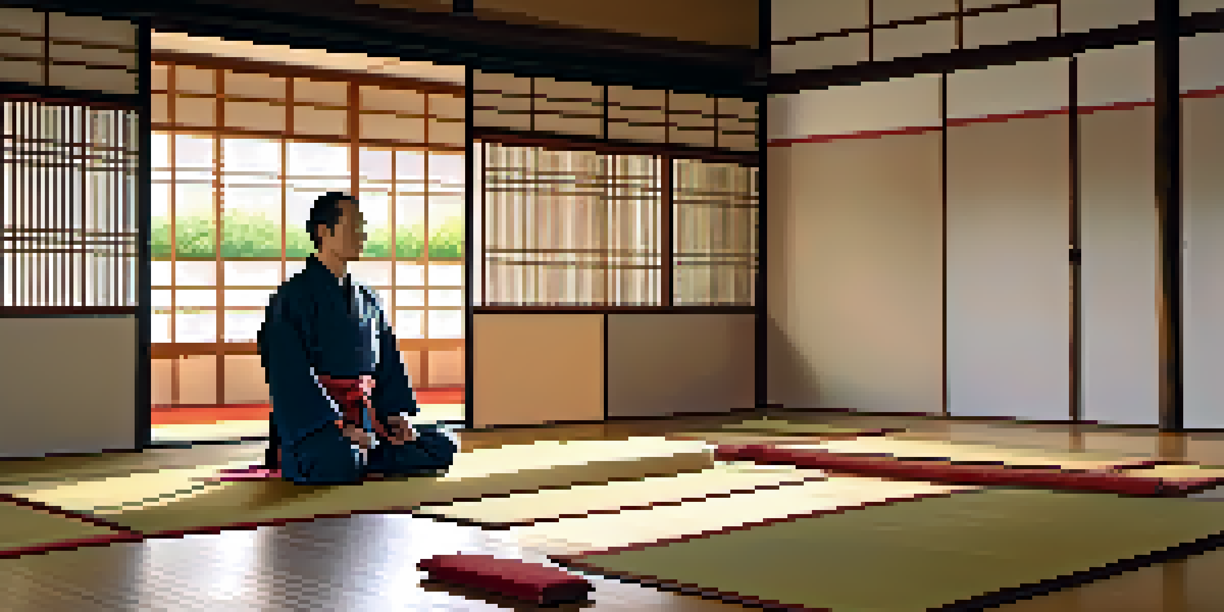 A peaceful martial arts dojo with a practitioner meditating and practicing breathing techniques, surrounded by natural elements and soft light.