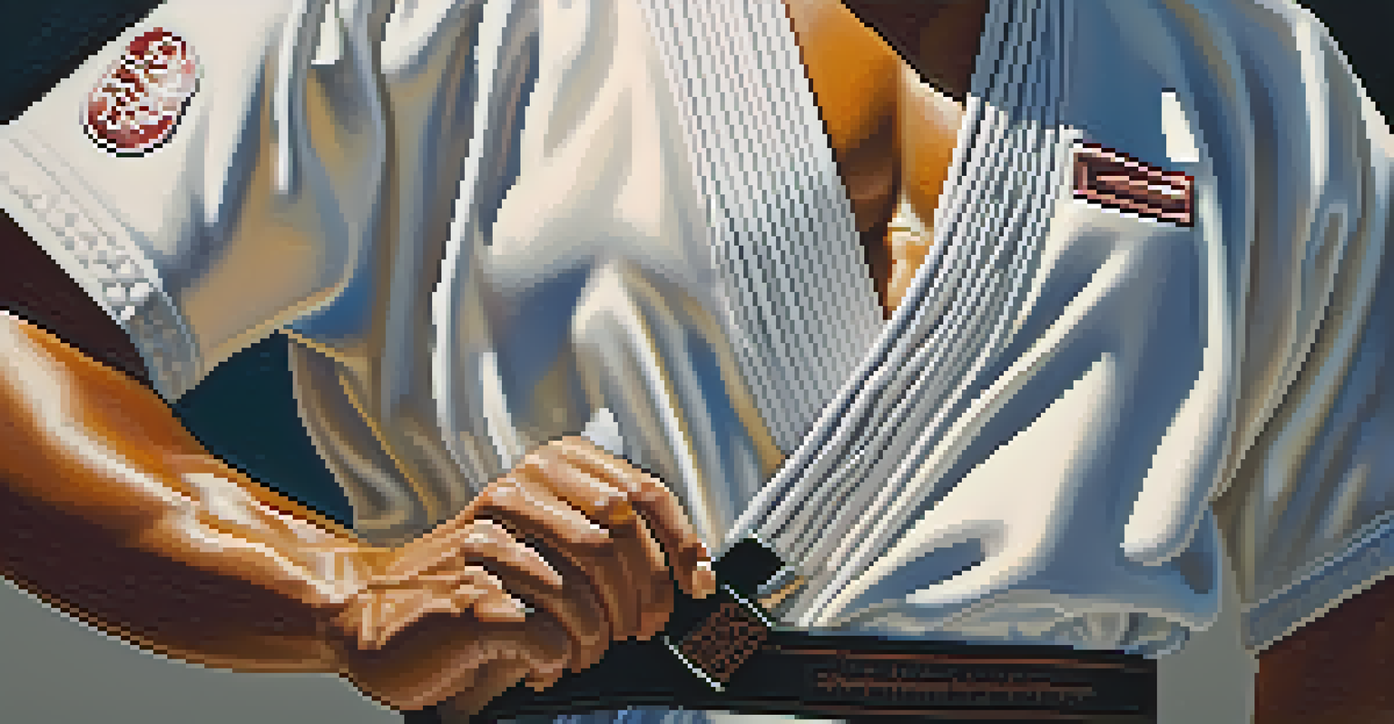 A focused martial artist preparing for training by tying their belt, capturing the details of their uniform and expression.
