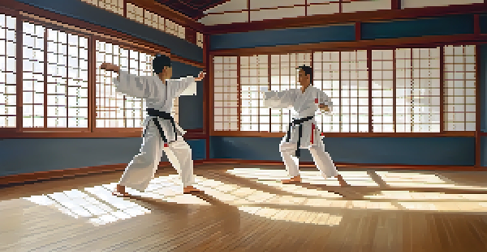 A peaceful martial arts dojo with a practitioner performing a high kick, highlighting the wooden floors and natural light.