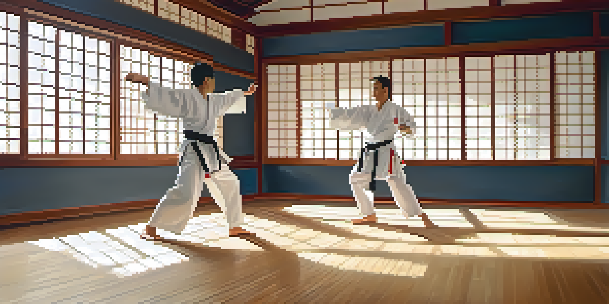 A peaceful martial arts dojo with a practitioner performing a high kick, highlighting the wooden floors and natural light.