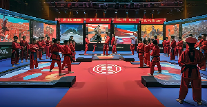A virtual martial arts competition featuring diverse athletes in traditional uniforms, colorful digital screens, and augmented reality elements.
