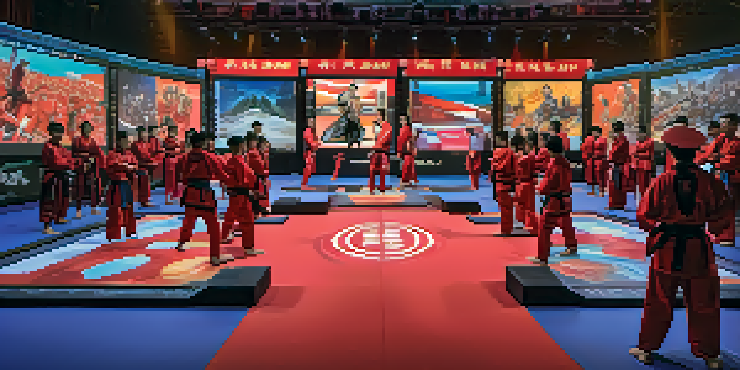 A virtual martial arts competition featuring diverse athletes in traditional uniforms, colorful digital screens, and augmented reality elements.