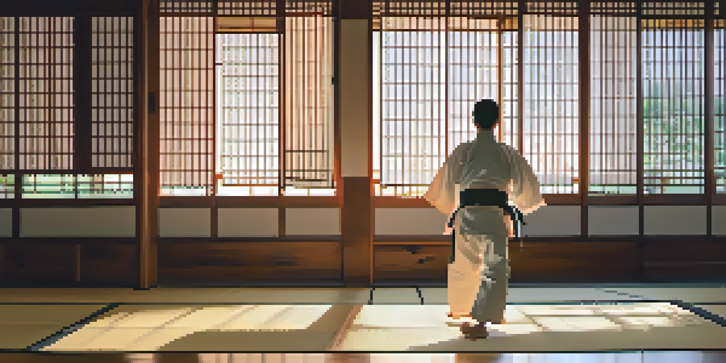 A martial artist practicing in a peaceful dojo with soft morning light illuminating the space.