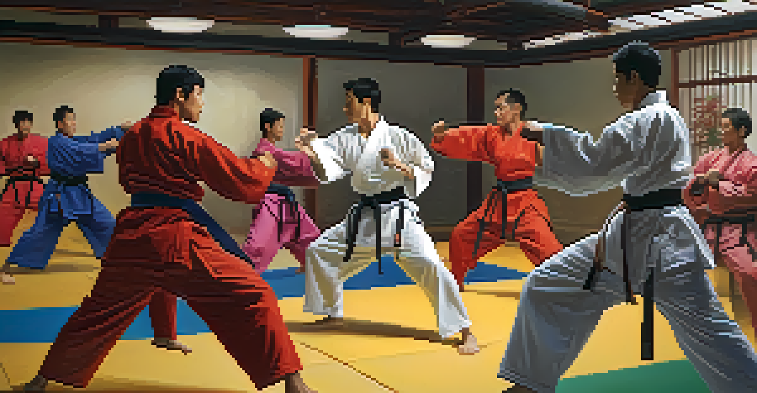 A group of martial arts students sparring in a dojo, demonstrating teamwork and various colored belts.