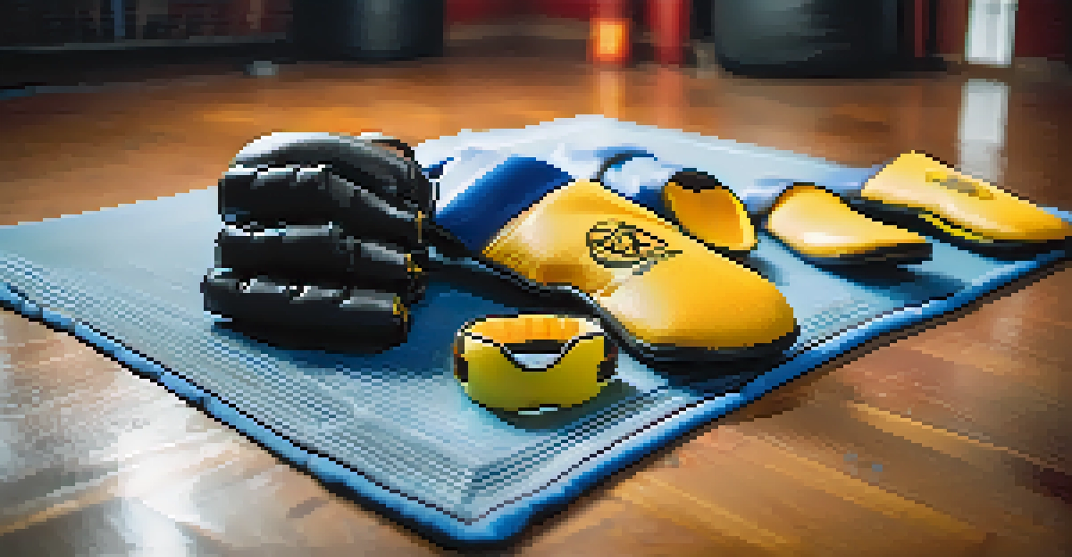 Close-up of protective gear for martial arts training on a dojo floor.