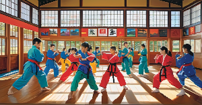 A lively martial arts dojo with diverse students practicing techniques, natural light streaming through the windows.