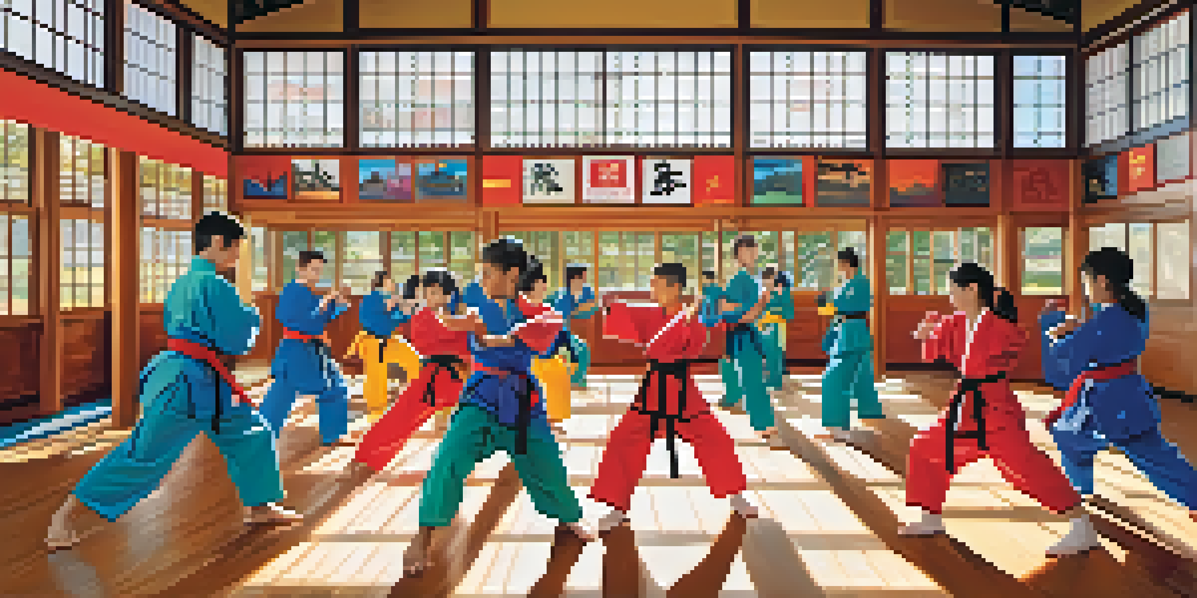 A lively martial arts dojo with diverse students practicing techniques, natural light streaming through the windows.