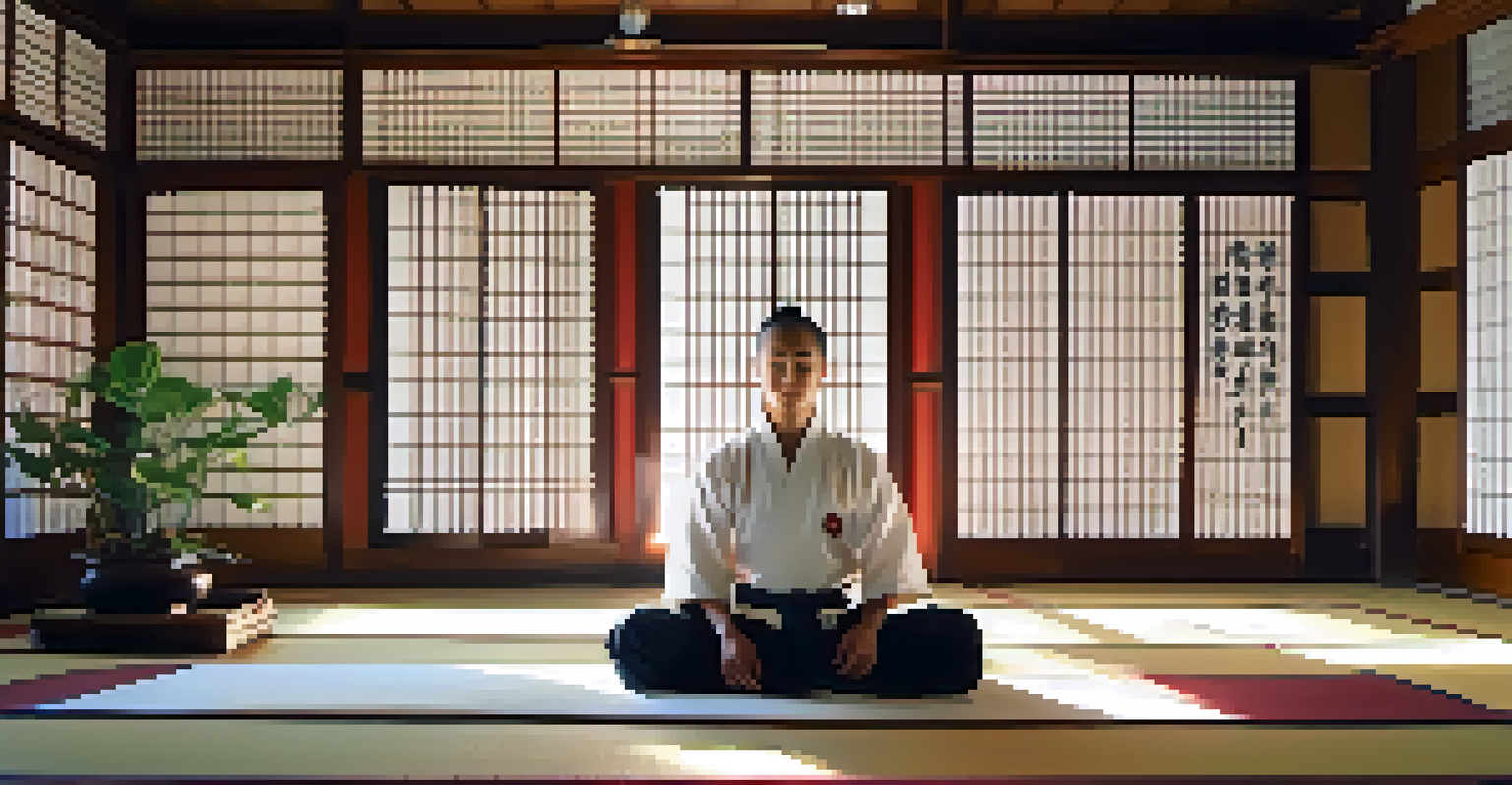 A martial artist meditating peacefully on a tatami mat in a softly lit dojo, representing mindfulness and self-awareness.