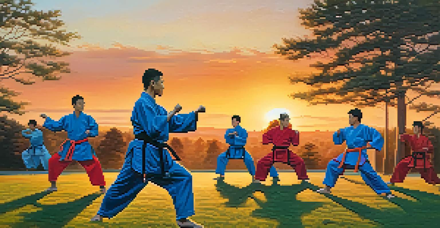Martial artists practicing forms outdoors at sunset, with warm colors enhancing their movements in a park setting.