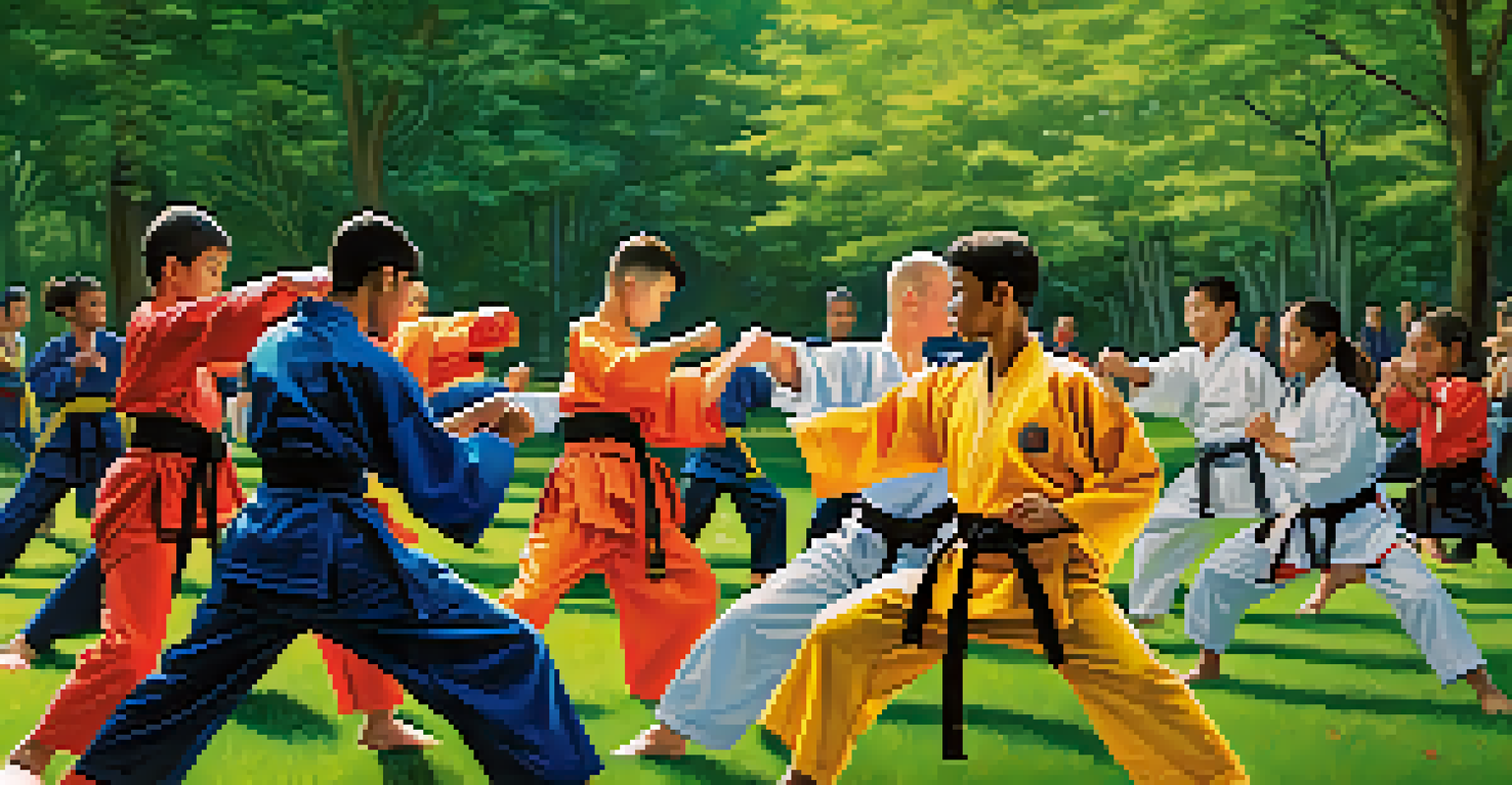 A diverse group of martial arts students practicing together in a park, showcasing friendship and teamwork.