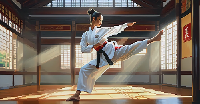 A female martial artist demonstrating a high kick in a brightly lit dojo, highlighting her strength and focus.