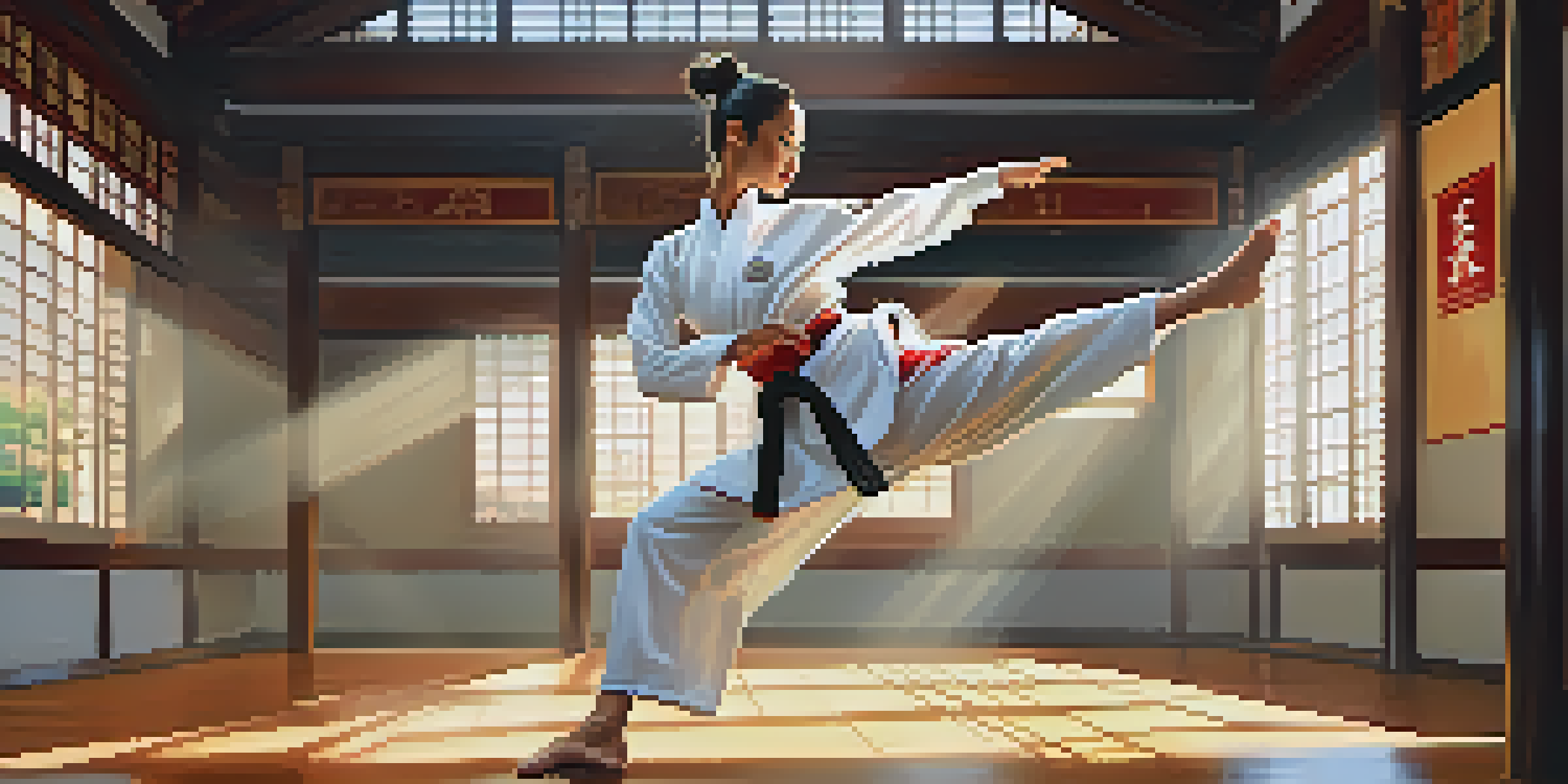 A female martial artist demonstrating a high kick in a brightly lit dojo, highlighting her strength and focus.
