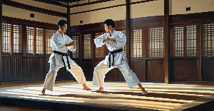 Two martial artists practicing techniques together in a well-lit dojo, showcasing focus and determination.