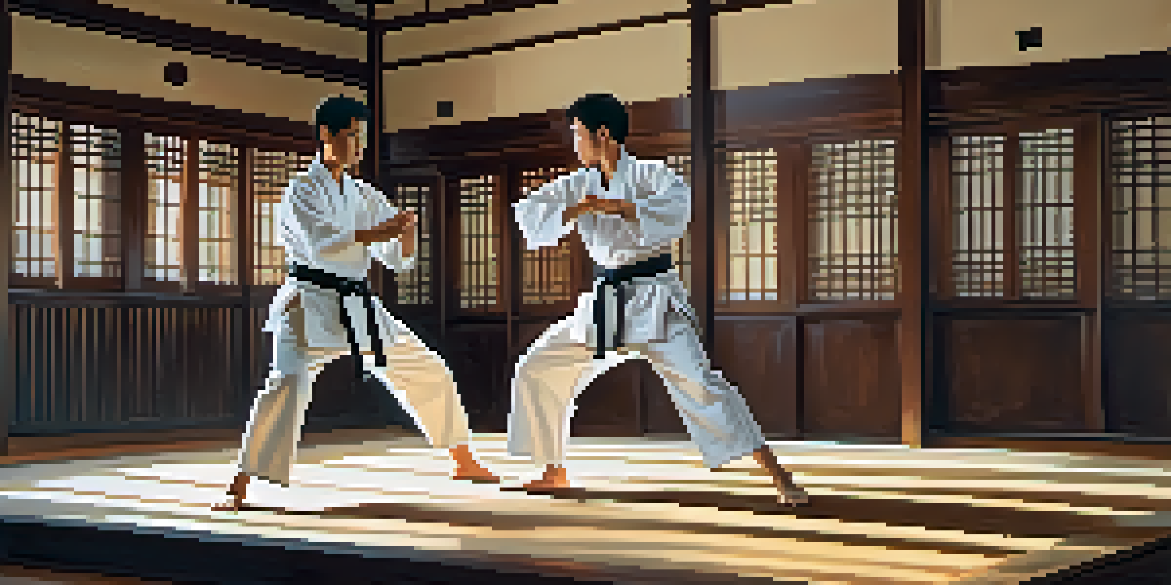 Two martial artists practicing techniques together in a well-lit dojo, showcasing focus and determination.