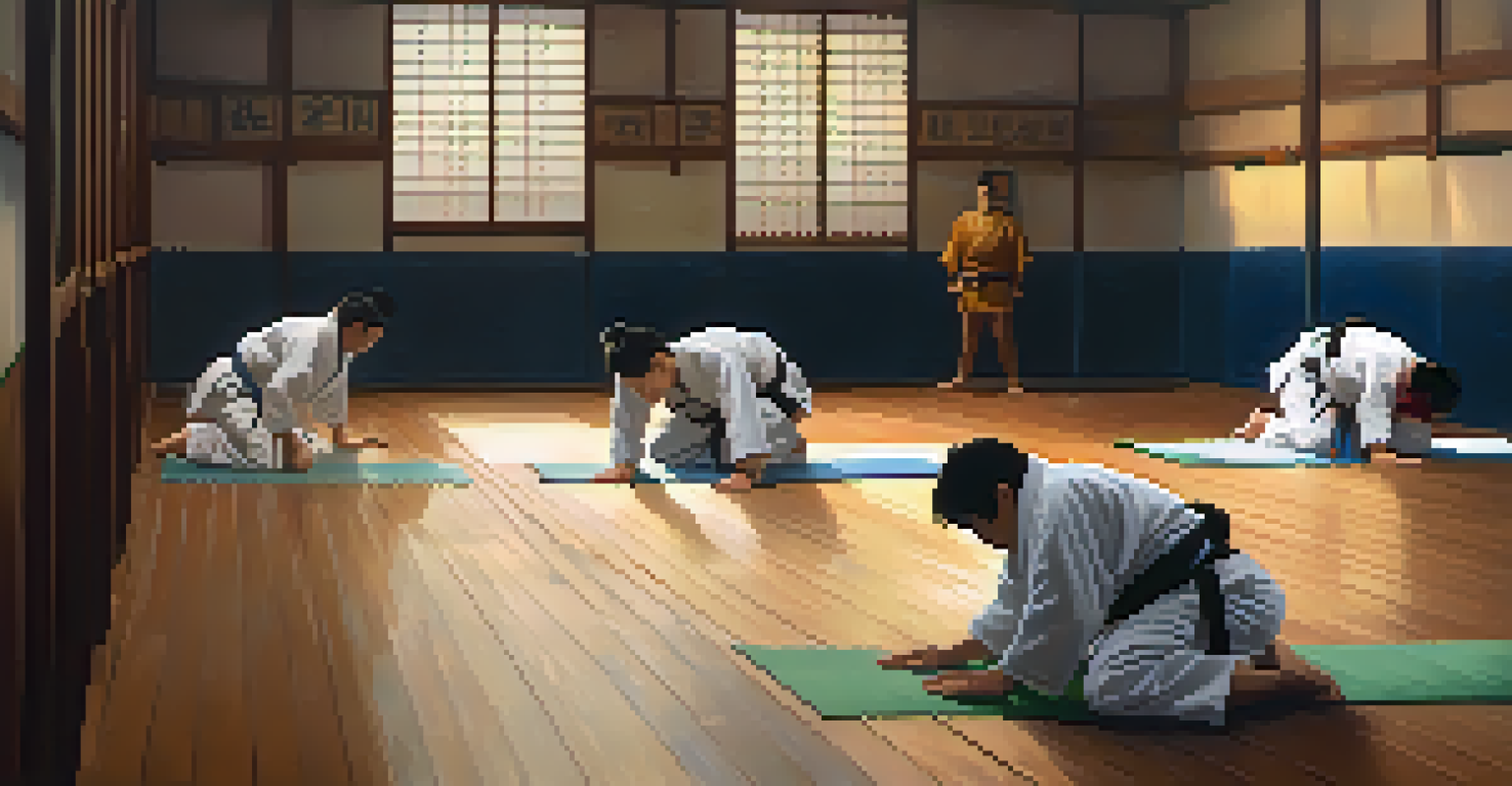 Judokas bowing in a dojo, embodying respect and tradition, surrounded by a serene and warmly lit environment.
