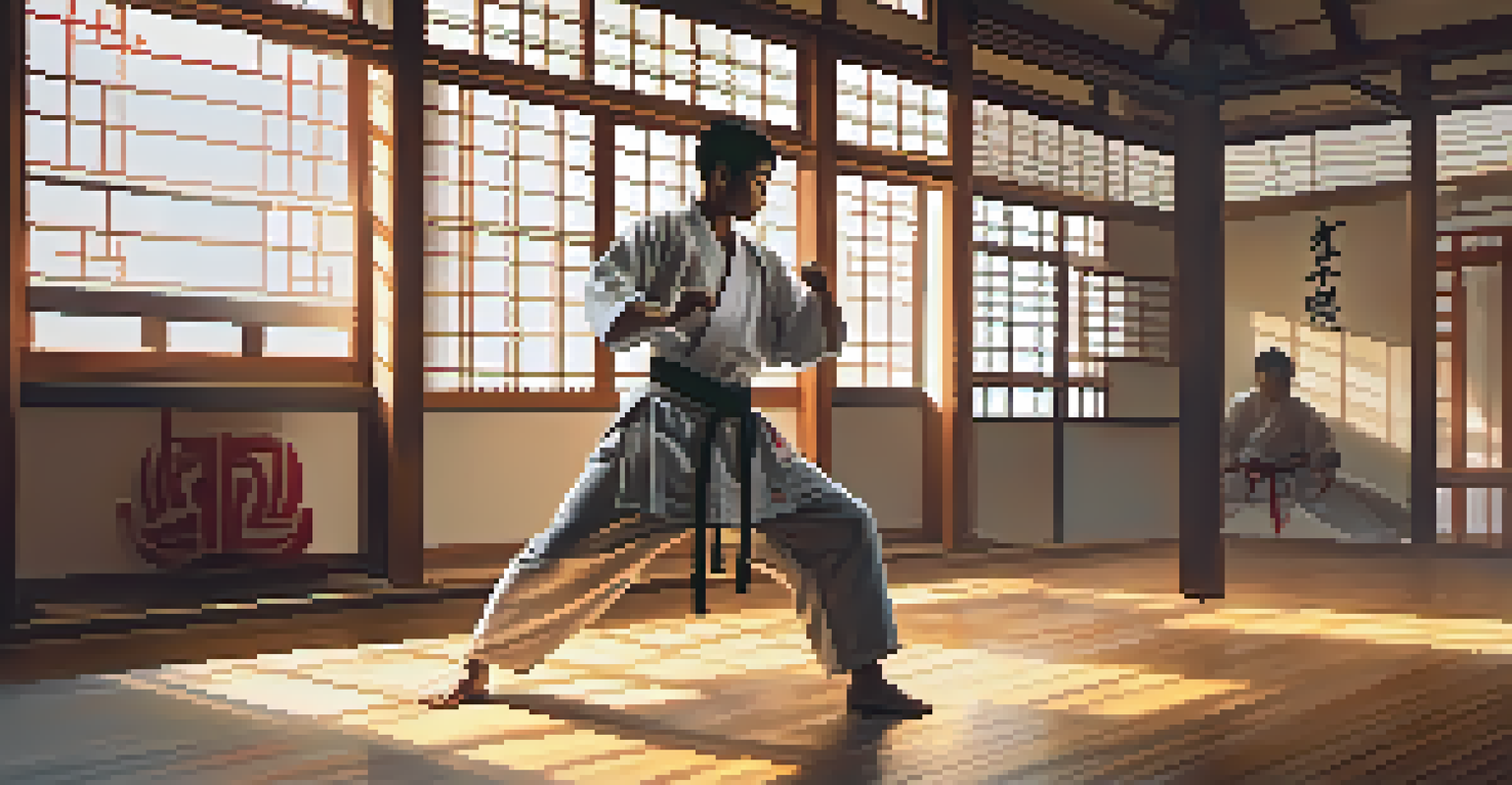 A martial artist practicing a spinning kick in a sunlit dojo, with a smartphone capturing their movements, surrounded by traditional martial arts decor.