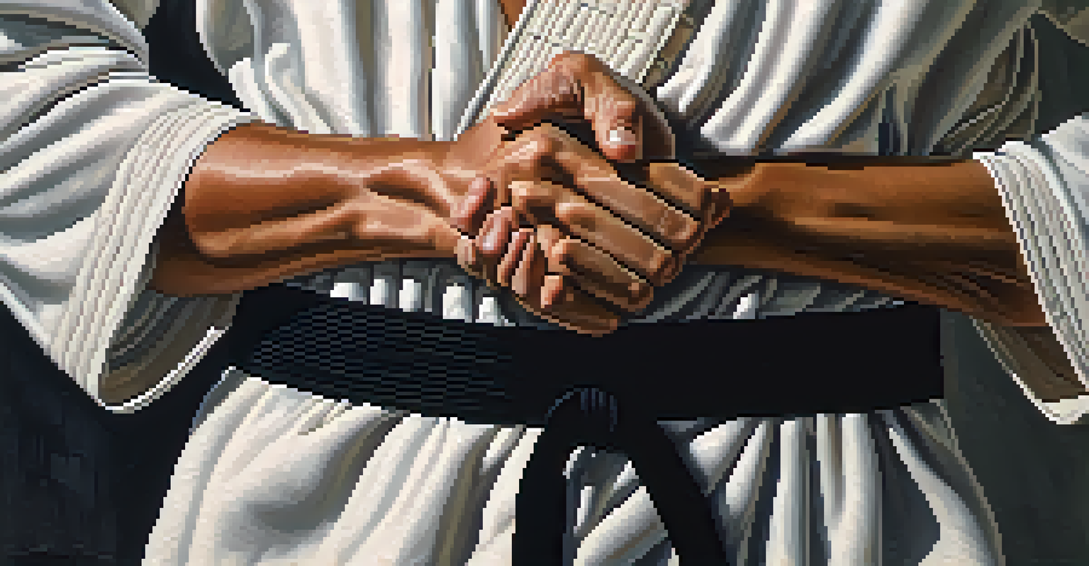 Close-up of a martial artist's hands holding a black belt, representing dedication and achievement.