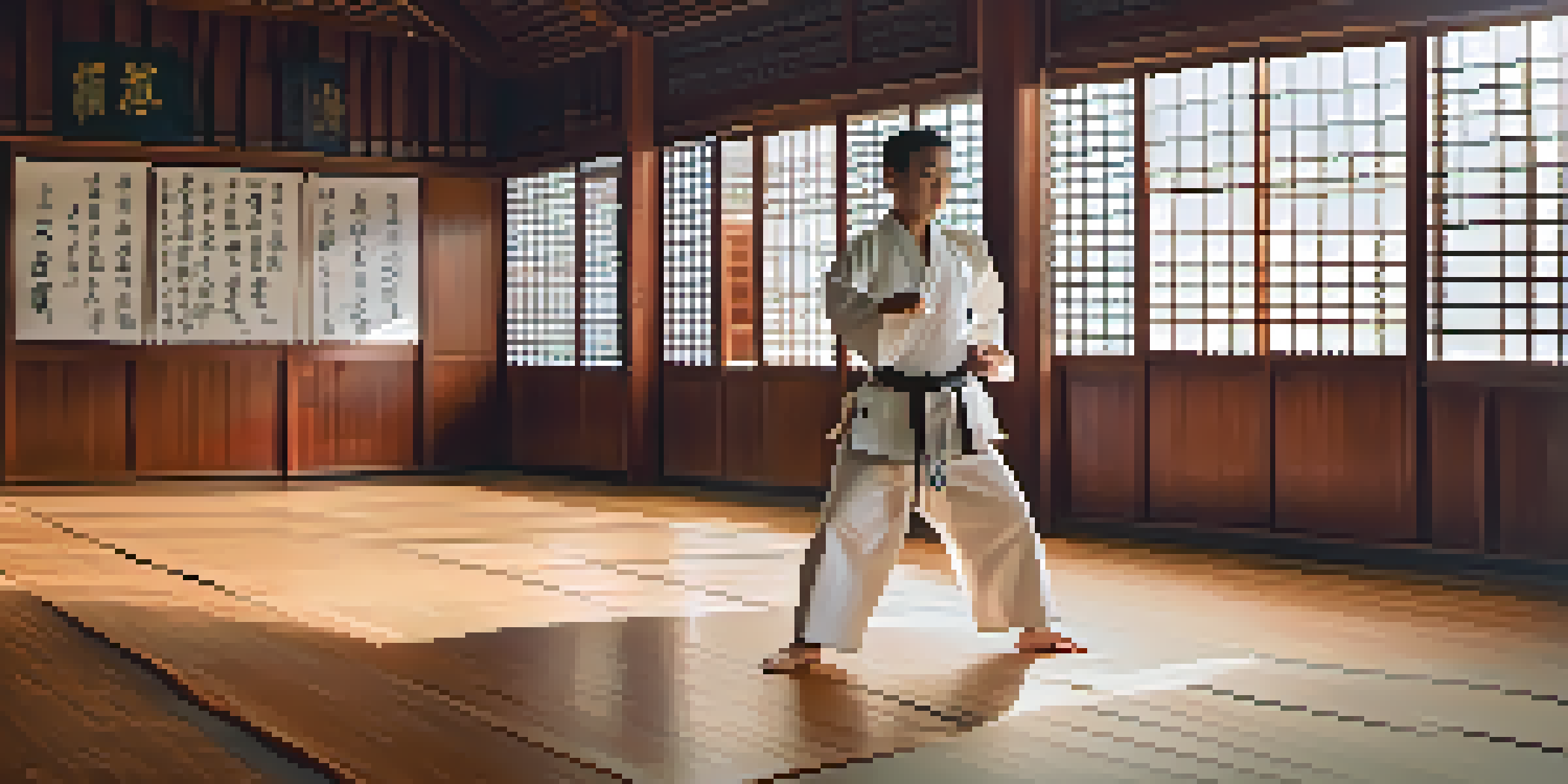 A martial arts practitioner performing a kata in a peaceful dojo with wooden floors and motivational quotes on the walls.