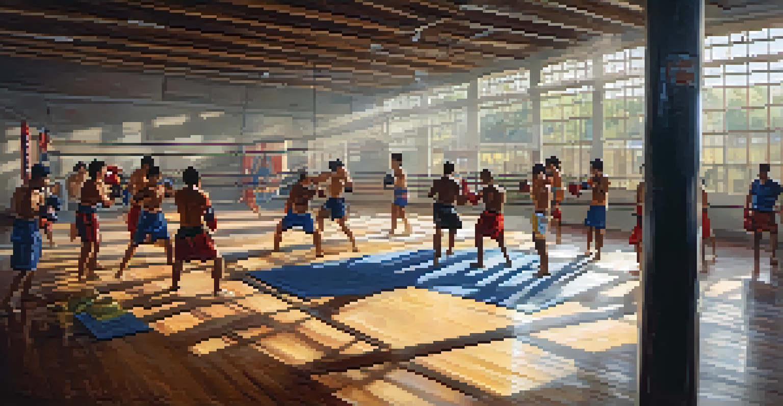 A diverse group of athletes sparring in a Muay Thai training session in a well-lit gym.