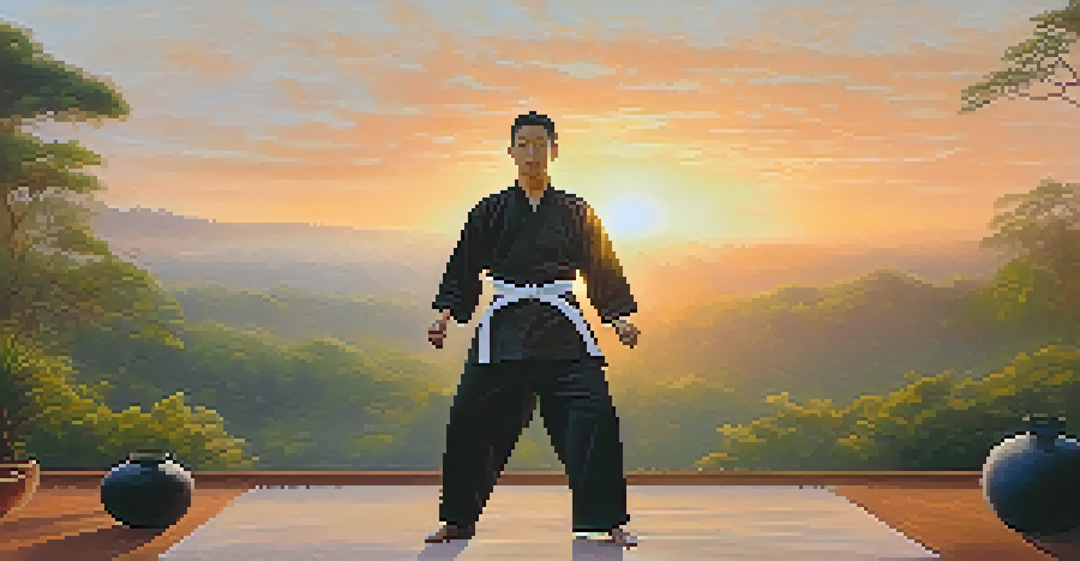 A martial artist practicing deep breathing outdoors at dawn, surrounded by mist and lush greenery.