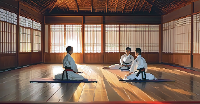 A group of martial artists in a dojo practicing their kata during a vibrant sunset, with warm colors and soft shadows creating a peaceful ambiance.