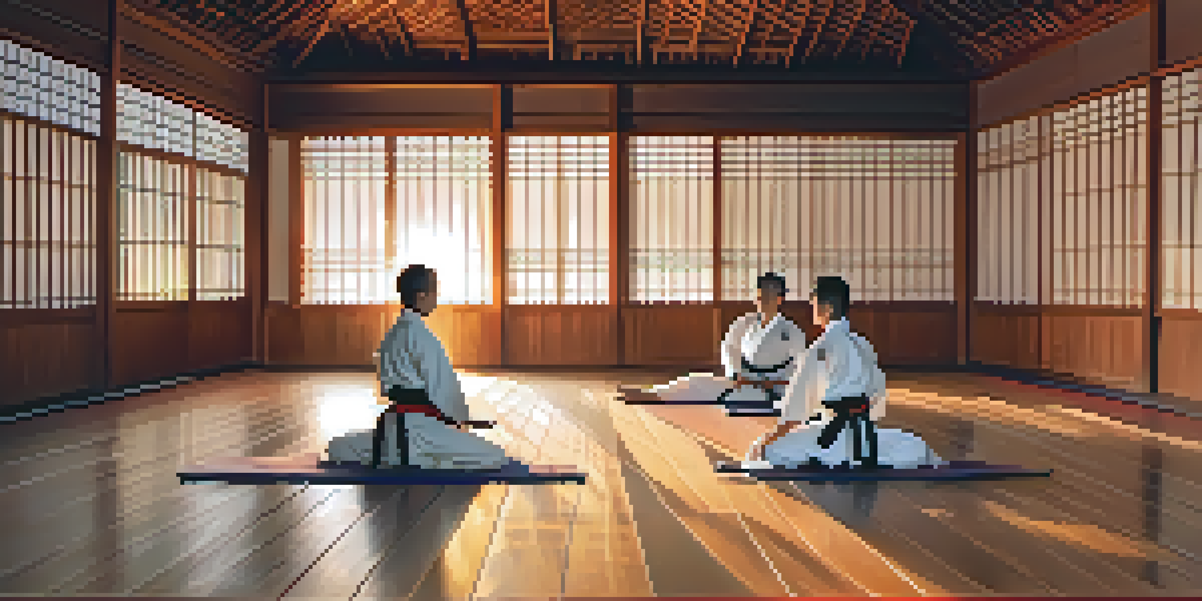 A group of martial artists in a dojo practicing their kata during a vibrant sunset, with warm colors and soft shadows creating a peaceful ambiance.