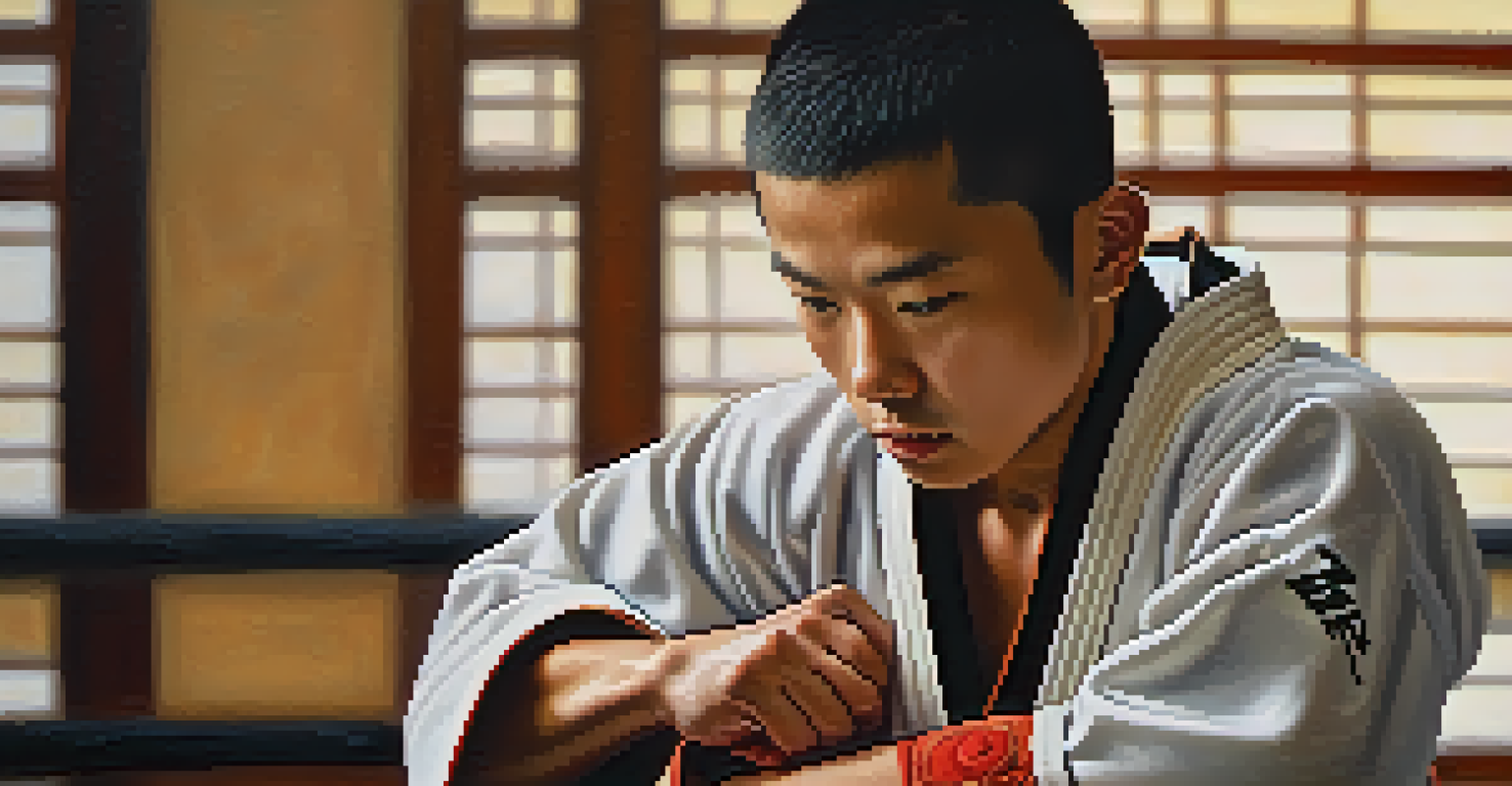 A close-up of a martial artist tying their belt, showing the textures of the uniform and the martial artist's focused expression.