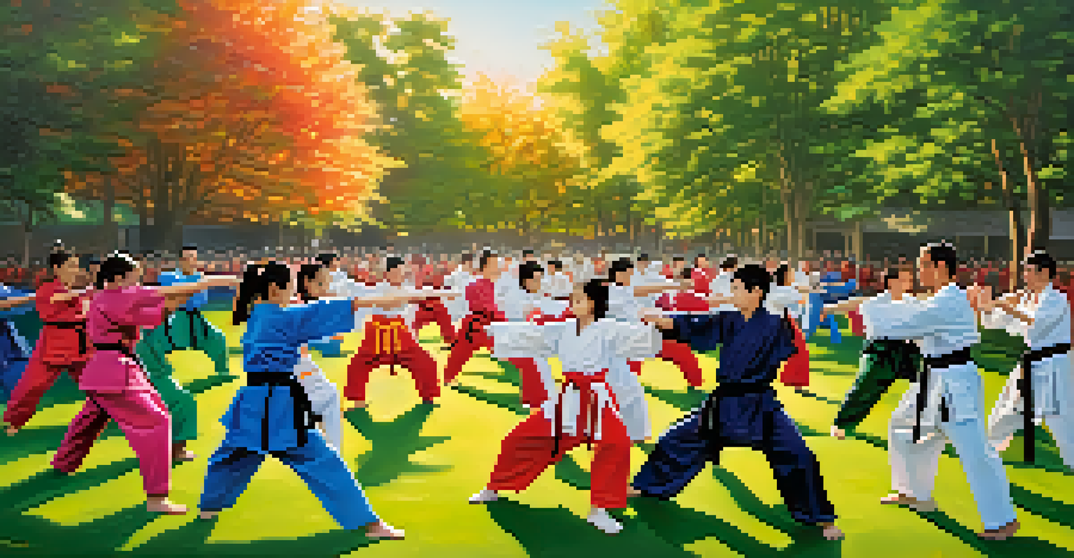 A diverse group of martial artists practicing together in a sunny park.