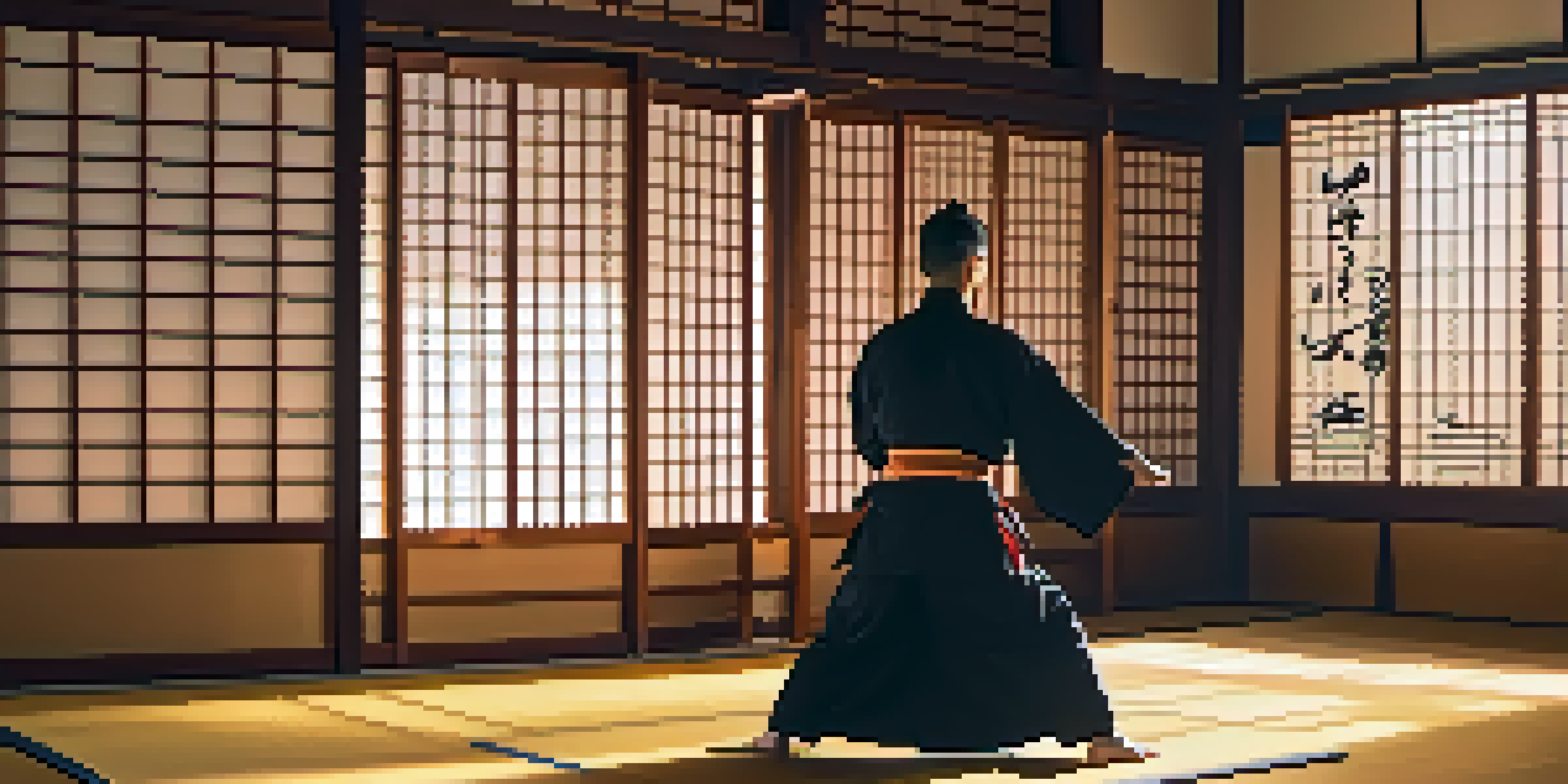 A martial artist practicing Tai Chi in a tranquil dojo, illuminated by warm sunlight, with traditional decor and calligraphy on the walls.