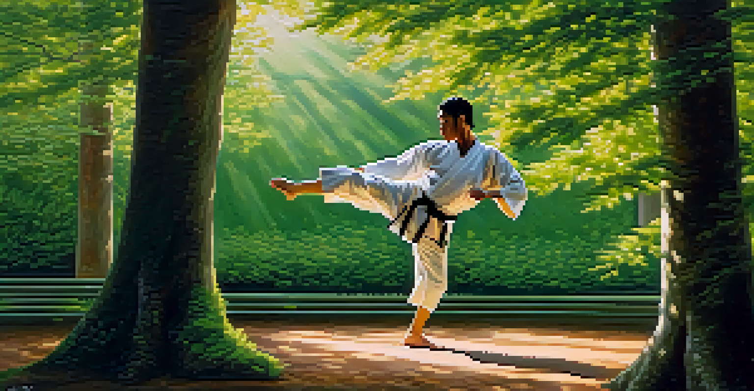 A martial artist performing a kick in a lush outdoor setting, with sunlight filtering through the trees.