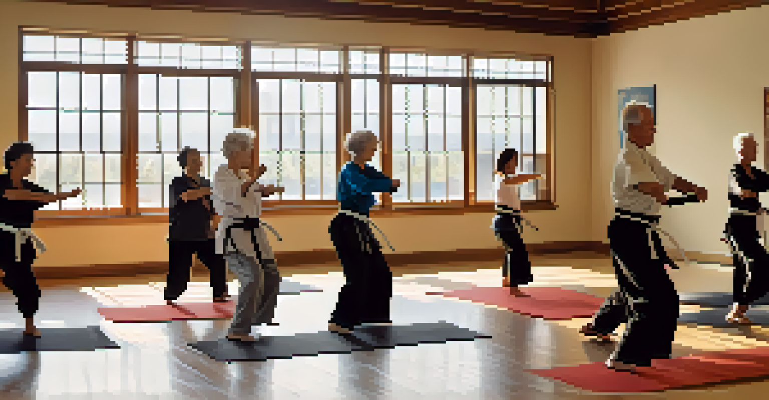 A group of older adults engaged in a dynamic stretching class in a bright room, practicing leg swings together.