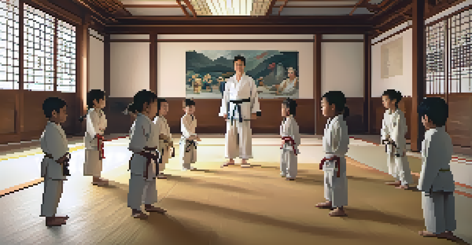 A martial arts instructor teaching a group of attentive children in a dojo, highlighting teamwork and respect.