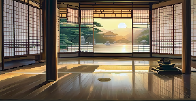 A peaceful dojo during sunrise with wooden floors and martial arts gear, evoking a sense of calm and tradition.