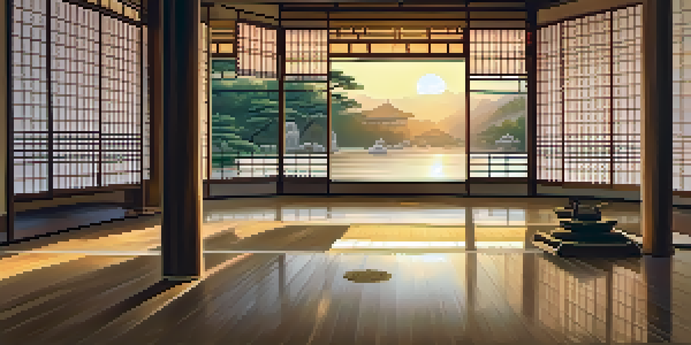 A peaceful dojo during sunrise with wooden floors and martial arts gear, evoking a sense of calm and tradition.