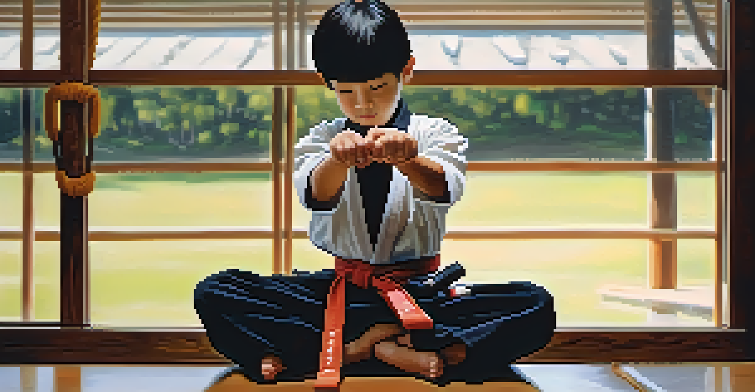 A close-up of a young individual tying a martial arts belt, emphasizing focus and determination in a dojo setting.