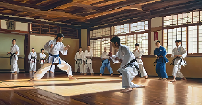 A diverse group of martial artists training together in a dojo, showcasing collaboration and energy during sparring.