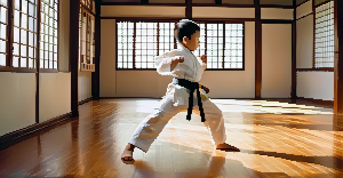 A young child in a martial arts uniform practicing a kick in a dojo, with sunlight streaming in.