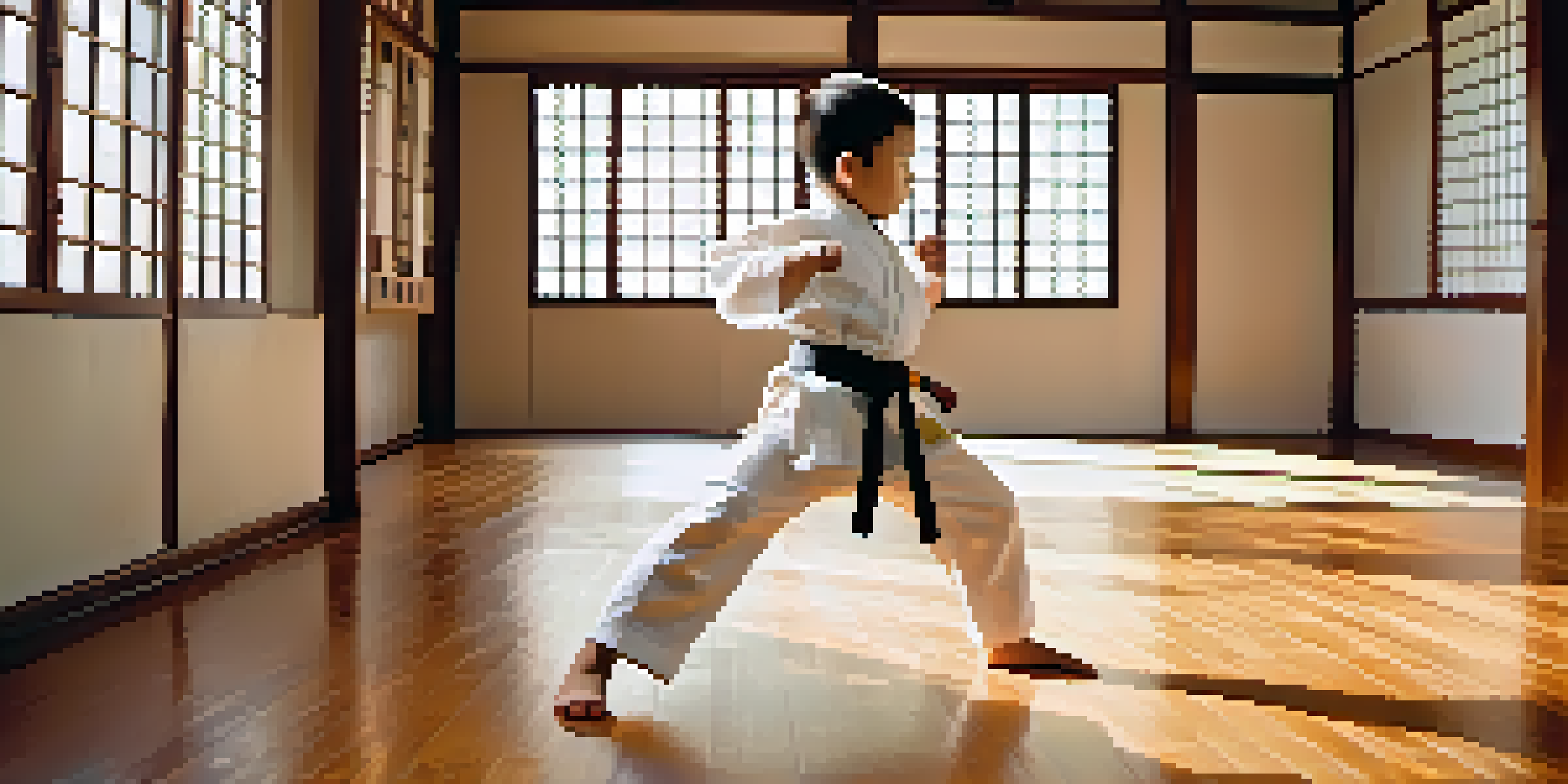 A young child in a martial arts uniform practicing a kick in a dojo, with sunlight streaming in.