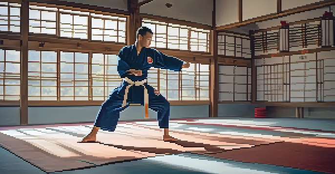 A martial artist executing a high kick in a dojo, showcasing their uniform and the surrounding traditional decor.