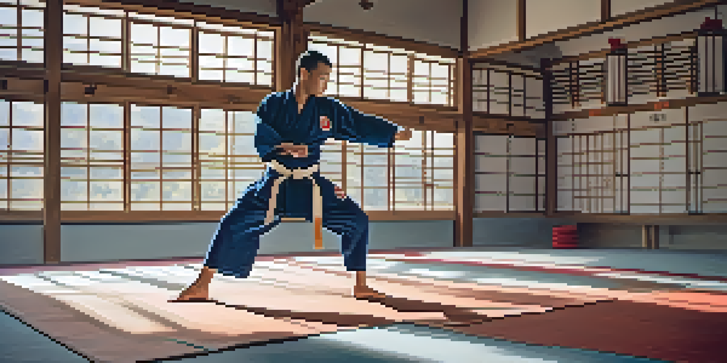 A martial artist executing a high kick in a dojo, showcasing their uniform and the surrounding traditional decor.