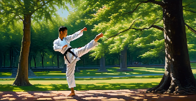 A martial artist performing a high-kick in a sunny park surrounded by greenery and flowers.